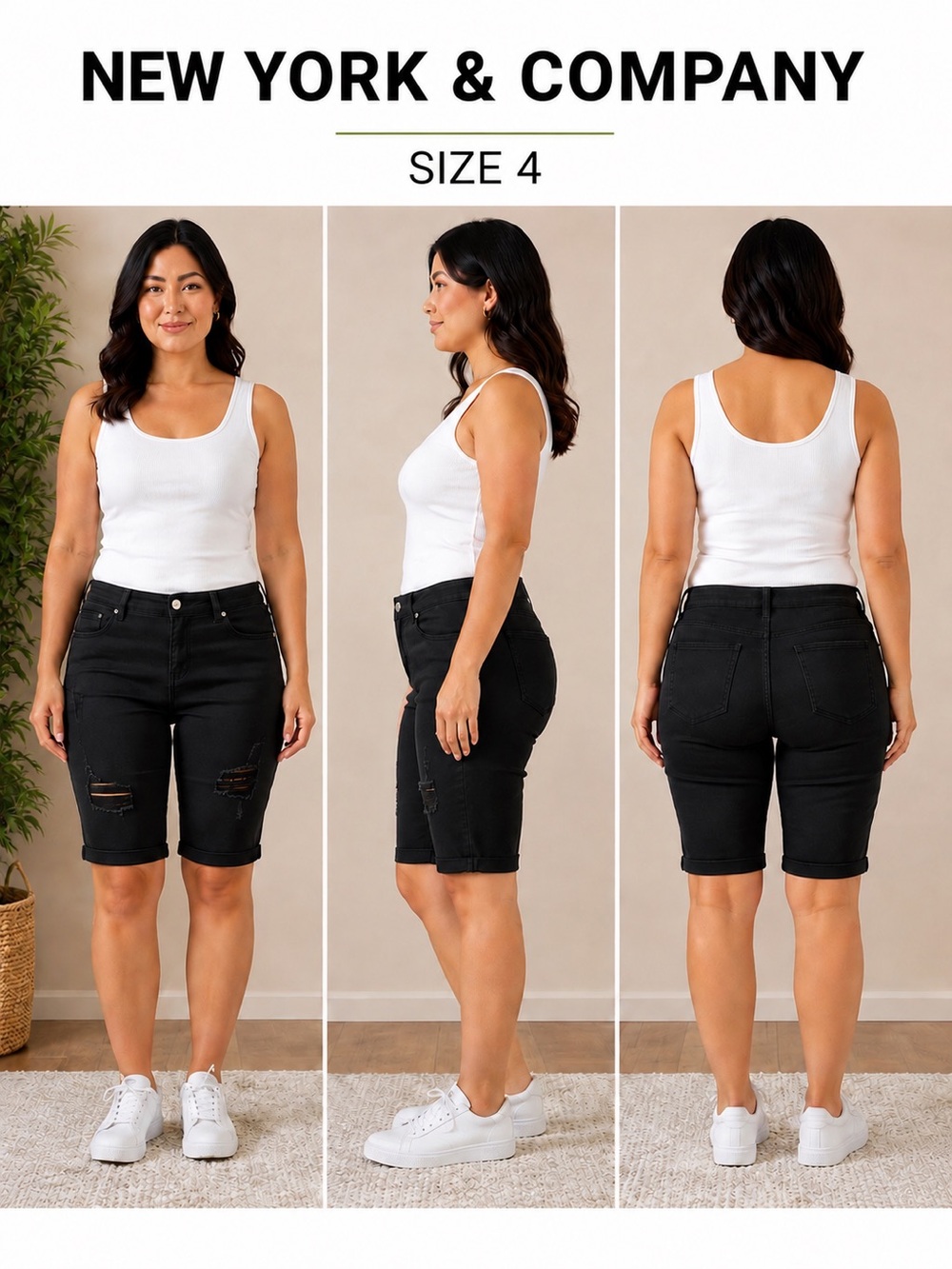 New York & Company Black Distressed Bermuda Denim Shorts Size 4